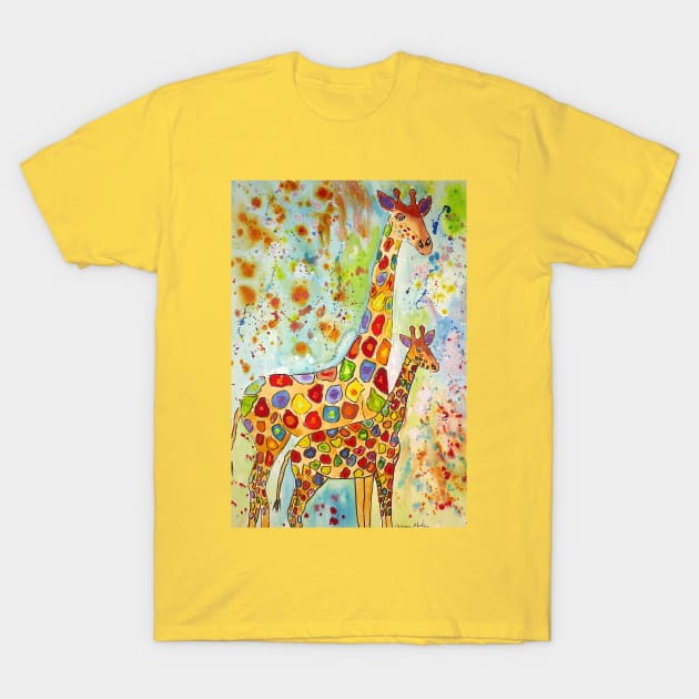 Colourful Mother and Baby Giraffes T-Shirt by Casimirasquirkyart